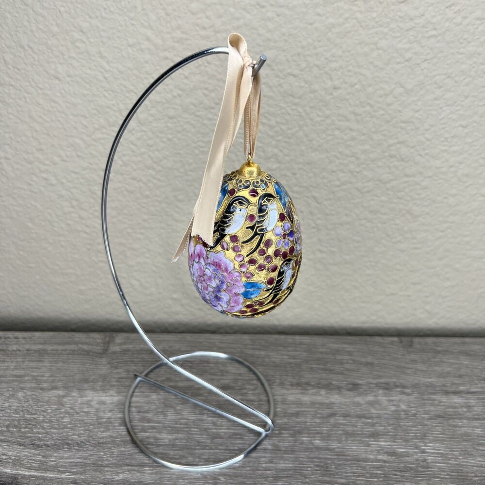 Alsan Victorian Enameling Cloisonné Ornament Egg Birds Flowers With Stand